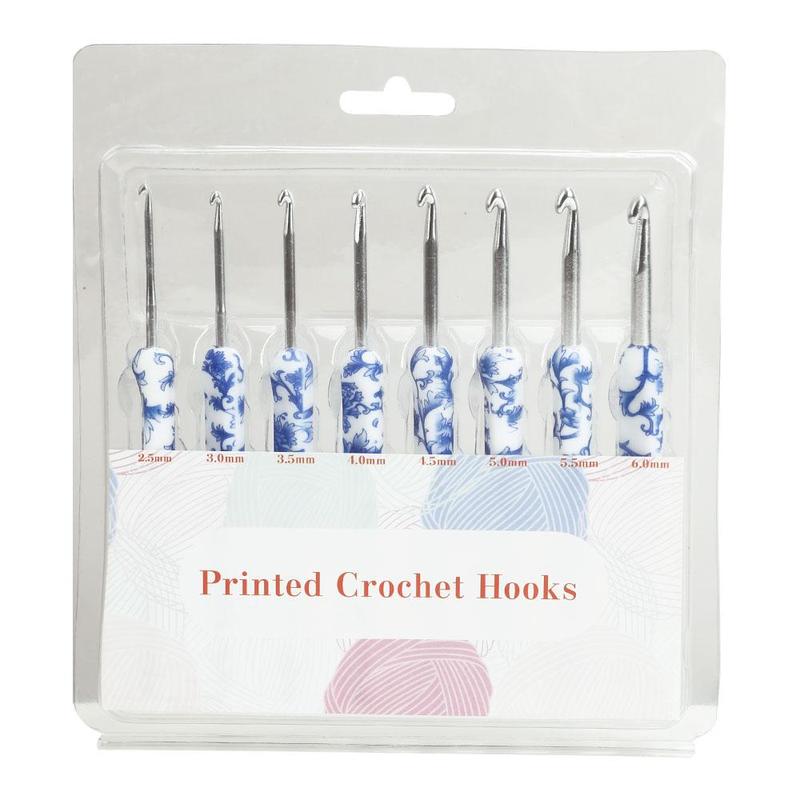 8pcs/set Blue and White Porcelain Pattern Crochet Hook Set, Crochet Supplies For DIY 7