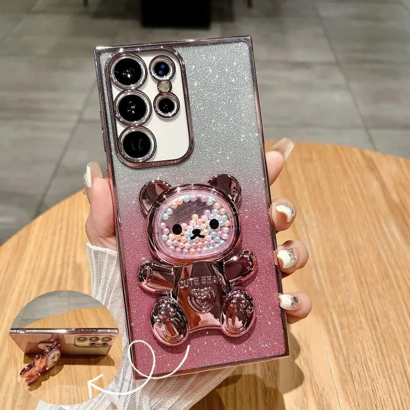 Cute Bear Design Phone Case with Holder, Glitter Phone Protective Cover, Phone Accessory Compatible with Samsung Galaxy S24 Ultra S23 S22 Ultra, Protector, Smartphone, Cellphone