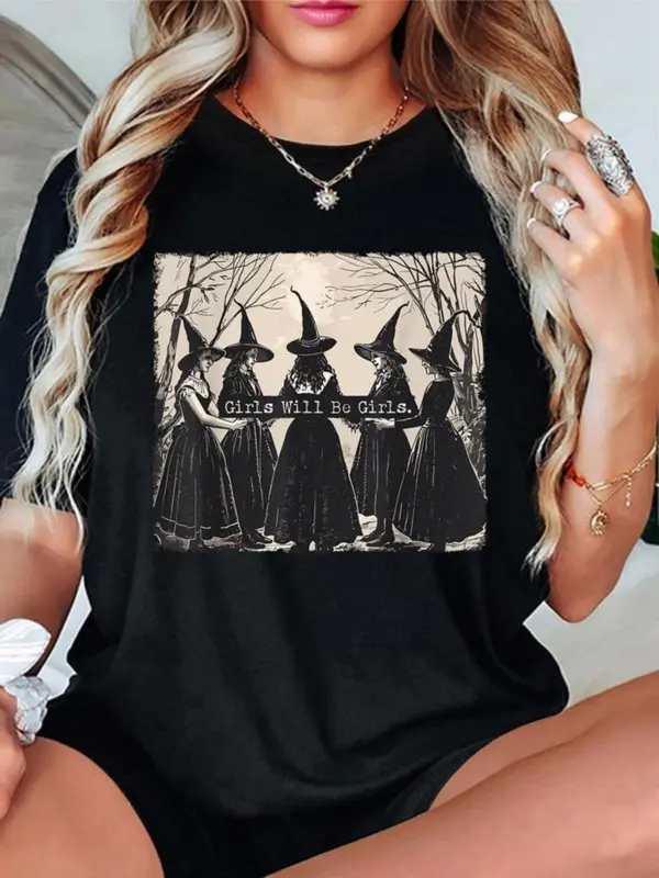 【Plus Size】 Witch Print Drop Shoulder Tee, Casual Half Sleeve Round Neck T-shirt for Summer, Women's Streetwear Clothing for Daily Wear, Vintage Graphic Tees 6