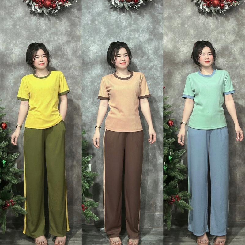 SÉT BỘ CỔ TRÒN QUẦN ỐNG RỘNG THỜI TRANG CHẤT GÂN TĂM CO GIẢN 4 CHIỀU Phù Hợp Mùa Hè Women Áo Nhung Voi Ong Top Xanh Rêu