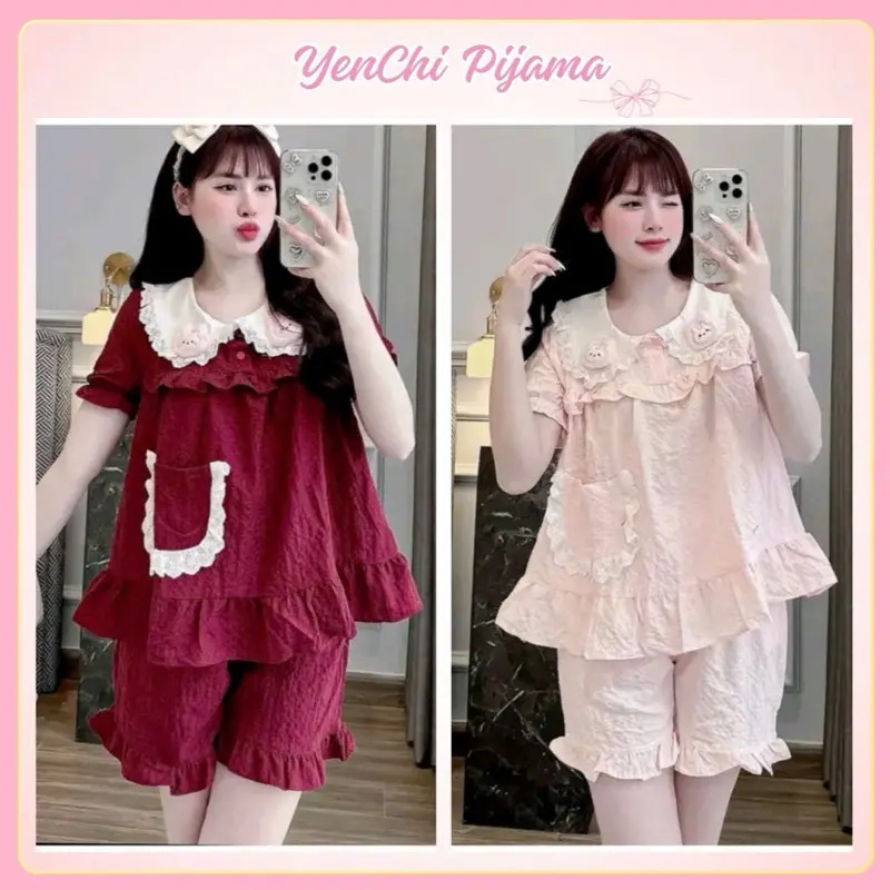 (Màu Pastel) Bộ Ngủ Nữ, Bộ Pijama Mặc Nhà Nữ Chất Đũi Gạo Nhiều Màu Mịn Mềm, Thấm Hút Tốt, Áo Ngủ Phối Ren Tiểu Thư Quần Ngủ Freesize Women Nhung Voi Kem Tim Nho đũi  xốp 0