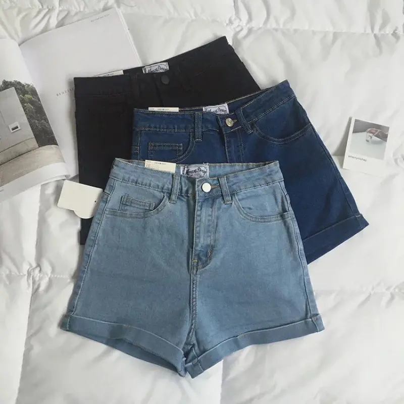 2024 Summer Women's High Waist Light Blue Skinny Jeans Shorts Female Solid Color Denim Shorts Thin Loose Wide Leg Slim Straight Pants Womenswear Bottom