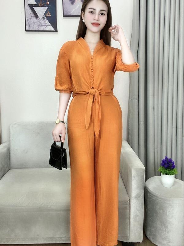 Set đồ bộ nữ, áo tay lỡ quần dài lưng thun, bộ đồ nữ mùa hè, chất vải đũi tơ mềm, mịn, mã B243