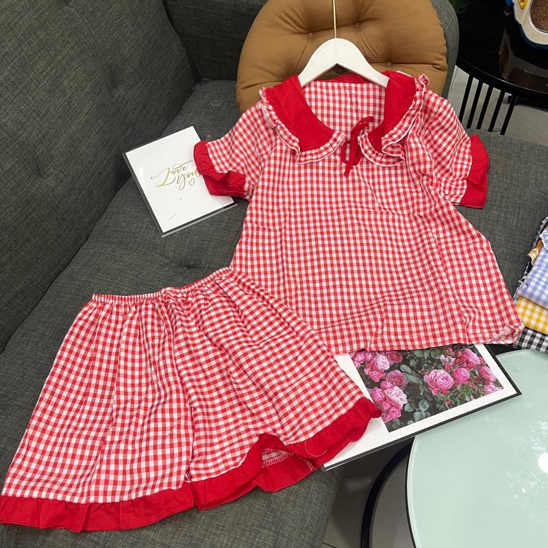  Set Đồ Bộ Áo Ngắn Caro Mặc Nhà Siêu Xinh vải kate lụa mềm mát hàng free size dưới 52kg  đủ màu  Nữ 