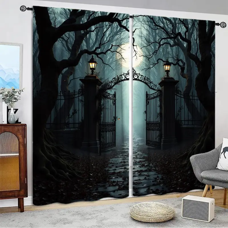 Moonlight Forest Pattern Door Curtain, 1 Set Halloween Themed Door Curtain, Home Decor for Living Room Bedroom, Vanity Decor Accessories 7