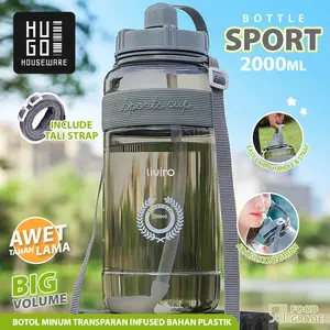 HUGO Botol Minum Bening 2 Liter Besar Botol Air Anak Jumbo Premium dengan Sedotan dan Tali BPA FREE