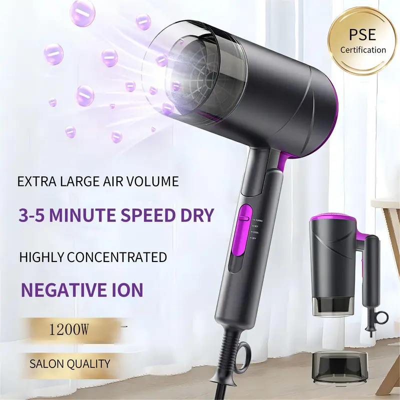 1200W Portable Foldable Hair Dryer, 1 Box Professional High-speed Hair Dryer with 3-speed Hot and Cold Wind Adjustment, Suitable for Home & Travel 4