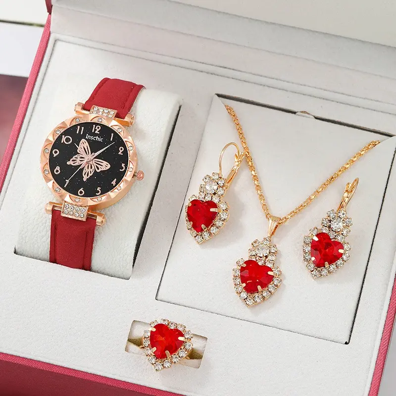 Bộ Đồng Hồ Bướm Cho Nữ, Bộ 5 Chiếc, Thời Trang, Kỹ Thuật Số, Bao Gồm Vòng Cổ, Nhẫn Và Bông Tai