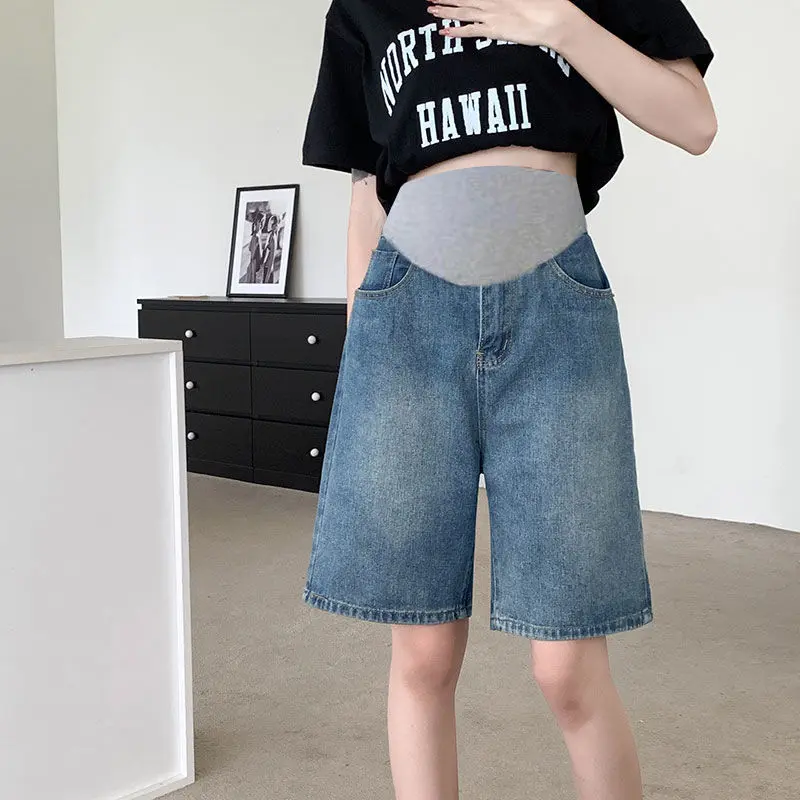Quần short denim dành cho phụ nữ mang thai, quần mùa hè có thể mặc bên ngoài, mỏng, thoáng khí, retro, Xanh Biển , rộng rãi, thẳng, chân rộng, dài đến đầu gối, quần giữa, trang phục mùa hè