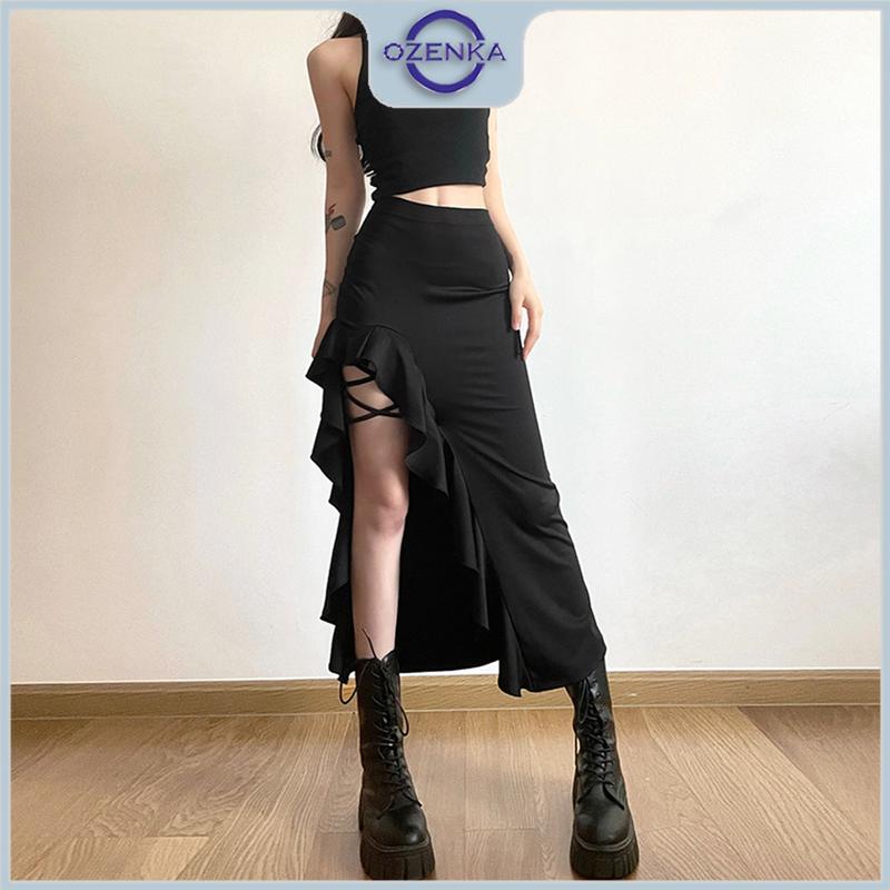  Chân váy chiến dài xẻ cao cột dây gợi cảm ozenka  chân váy midi chữ a lưng cao xẻ tà phối bèo màu đen mặc đi bar đi chơi tối Nữ Women Khuy Bò 