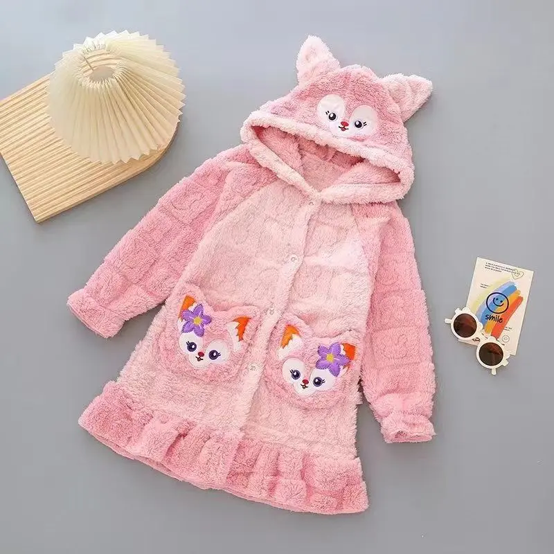 Áo choàng tắm đồ mặc ở nhà dày dặn lót lông cừu, cho bé gái và trẻ em và thanh thiếu niên, đồ ngủ trẻ em, lông cừu san hô, thích hợp cho mùa thu, đồ ngủ trẻ em set  đồ  nữ  đẹp 2