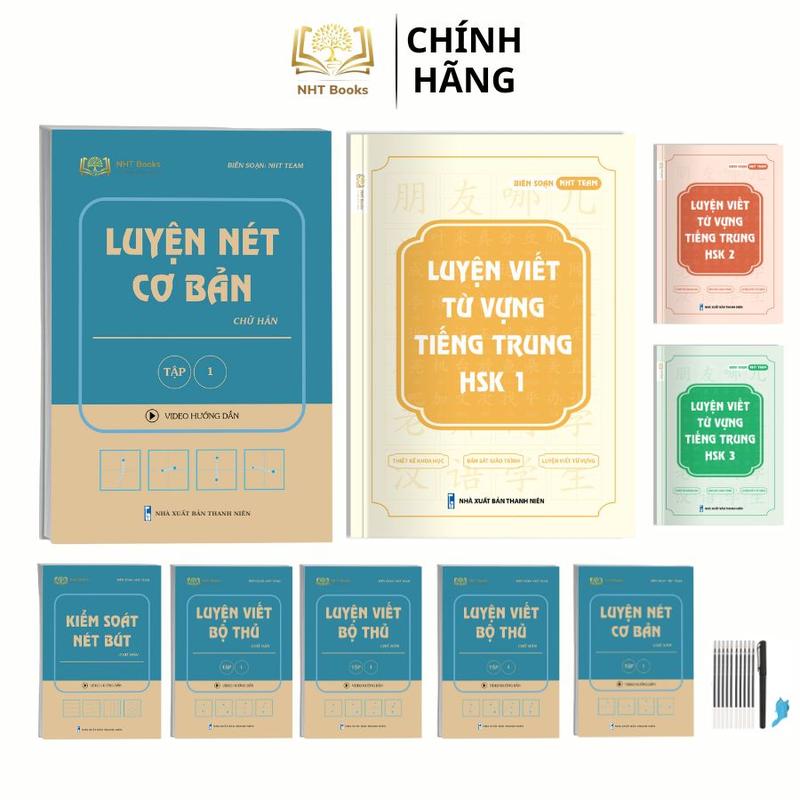 Combo Bộ 9 Sách Luyện Nét Chữ Hán Cơ Bản, Luyện Viết Từ Vựng Tiếng Trung HSK 1 2 3 NHT Books tặng bút bay mực