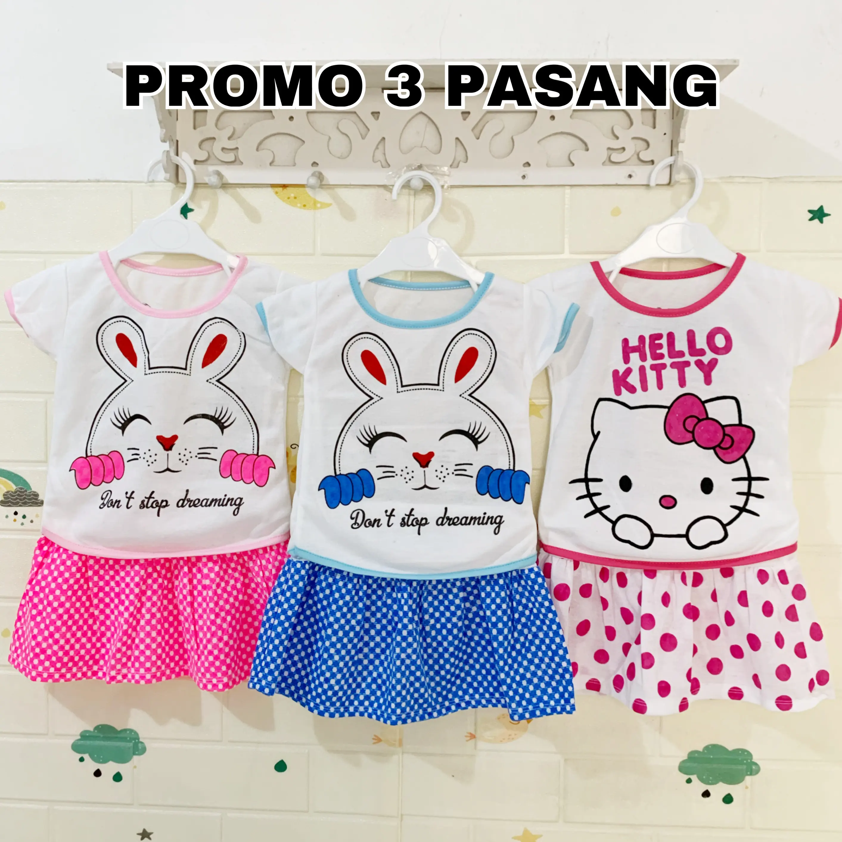 3 PASANG STELAN ROK KARAKTER ANAK PEREMPUAN 0-12 BULAN/BAJU ANAK PEREMPUAN/ STELAN BAYI PEREMPUAN Katun Parsel Cewek