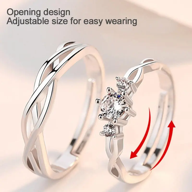 Nhẫn Ngón Tay Kim Cương Giả, Hợp Kim Đơn Giản, Dành Cho Phụ Nữ Và Nam Giới, Cá Tính, Mở Có Thể Điều Chỉnh Nhẫn Đôi, Phụ Kiện Đám Cưới 0