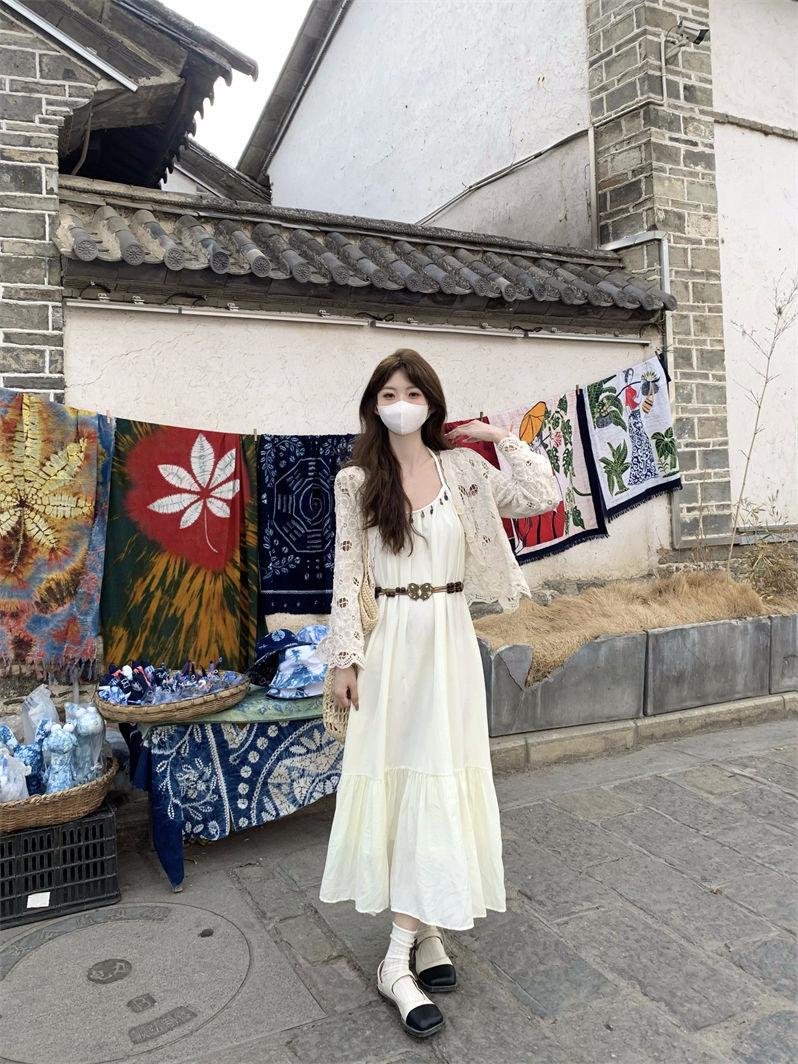 Product Introduction of Simia Hollow Suspender Dress Tassel Long Dress Two-piece Set Sunscreen Cardigan Mori 12