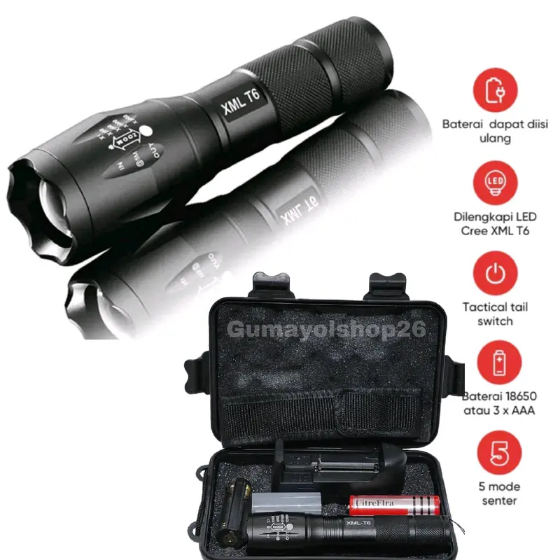 Promo Senter LED Fullset 8000Lumens XML-T6 Super Terang / Senter Camping / Senter Cas Jarak Jauh Wajib Punya Baterai Charger 1