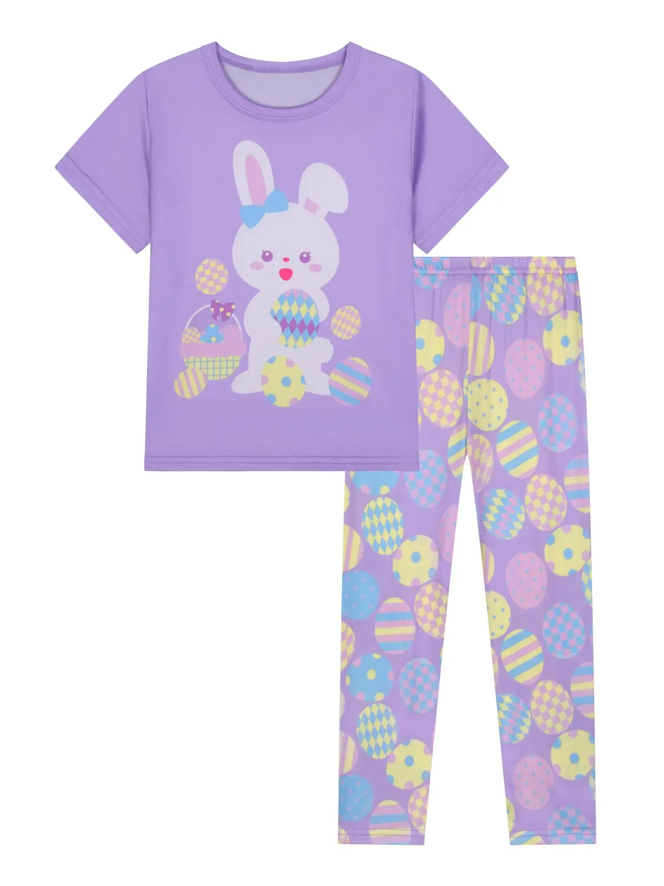 Girl's Cartoon Rabbit Print Tee & Pants Pajama Two-Piece Set, Casual Comfy Round Neck Short Sleeve T-Shirt & Trousers PJ Set, Kids Sleepwear for Summer