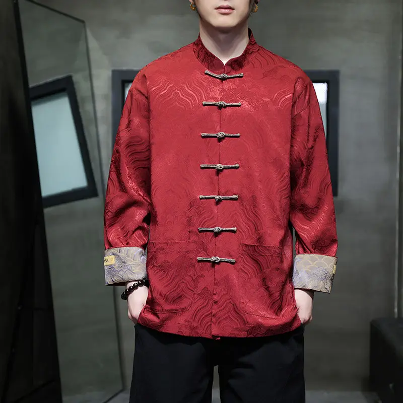 Quần Áo Nam, Phong Cách Trung Quốc Mới, Áo Khoác Sơ Mi Tangzhuang Màu Đỏ, Áo Sơ Mi Dài Tay Mùa Xuân, Áo Hanfu Năm Sinh, Dành Cho Nam Menswear Shirt Có Cổ 0