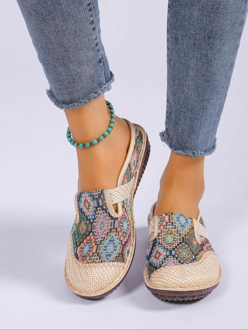 Product Introduction of Colorful Ethnic Pattern Braided Slip on Flats, Lightweight Round Toe Shoes for Daily Wear, Breathable Shoes for Daily Wear 12