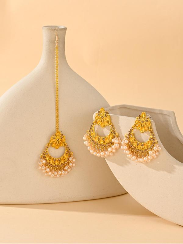 Faux Pearl & Rhinestone Decor Jewelry Set, Boho Style Hollow Out Design Tassel Dangle Earrings & Head Chain, Fashion Accessories for Women 2