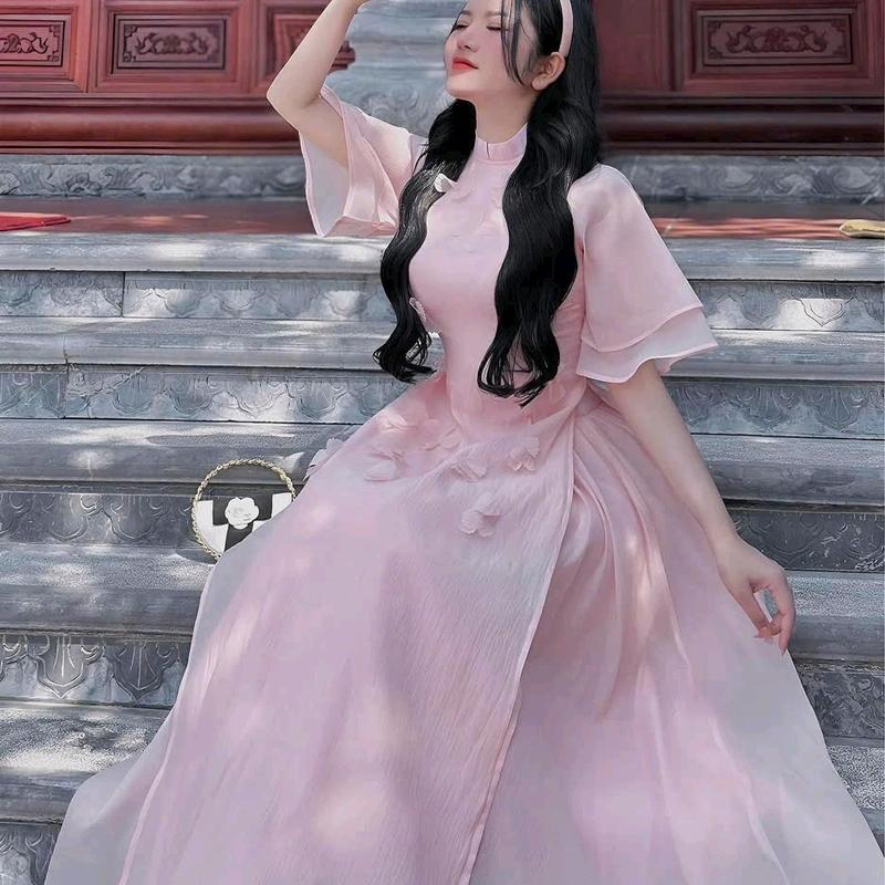 SÉT ÁO DÀI TƠ ĐÍNH BÔNG tay phồng phối chân váy voan lụa 6
