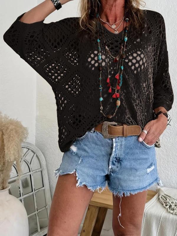 【 Plus Size】 Solid Hollow Out Drop Shoulder Knit Top, Elegant Casual V Neck Three Quarter Length Sleeve V Neck Knitwear for Summer, Women's Plus Crochet Clothing for Daily Wear, Vneck 1