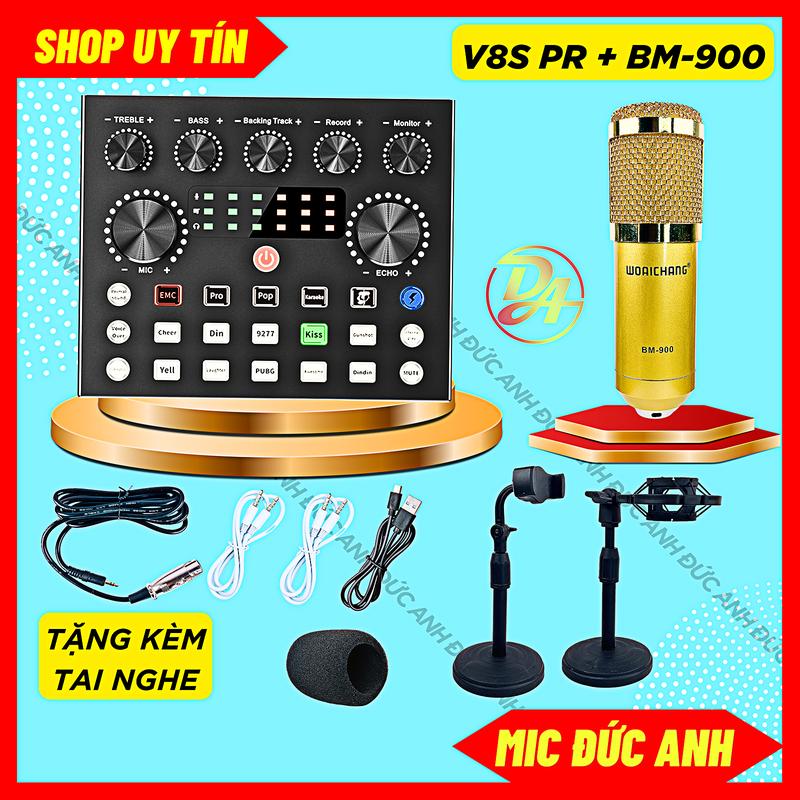 Bộ Sound Card V8S Loại 1 Micro BM900 Màu Vàng Chuyên Thu Âm Và Hát Livestream Kèm Tai Nghe Và Kẹp Điện Thoại