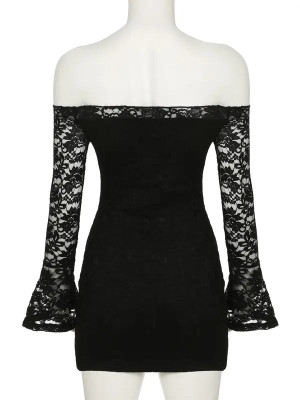Women's Off The Shoulder Sheer Floral Lace Dress, Elegant Fashion Long Sleeve Short Dress for Party Club Dating Wear, Women Dress for Spring & Fall 4
