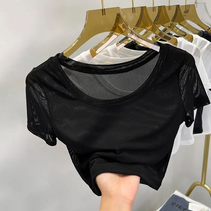 Áo Lớp Nền Lưới Nửa Xuyên Thấu, Áo Thun Ngắn Tay Nữ, Phối Bên Trong, Bó Sát Gợi Cảm, Áo Ren Ngắn Vải Tuyn, Áo Nữ