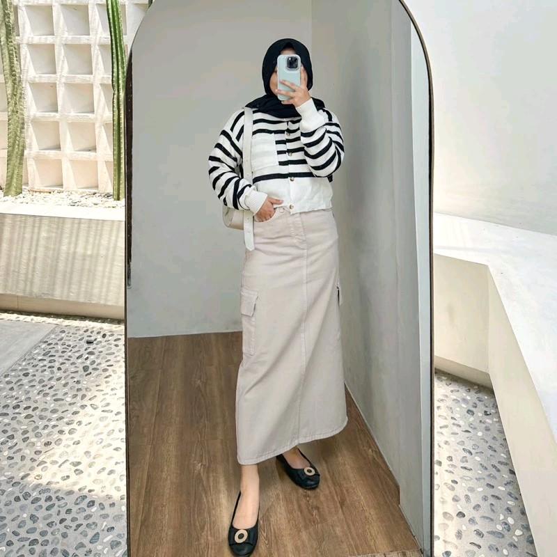 ROK KARGO JEANS Panjang Denim Karet Tebal Wanita Standar Katun A-Line Samping Melar Hitam Maxi Biru rok cargo tanpa belahan rok jeans span rok midi jumbo 3