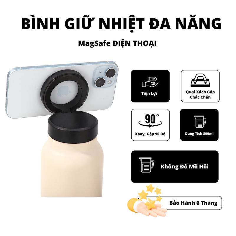 Bình Giữ Nhiệt MagSafe Nắp Nam Châm 720ml, Chất Liệu Inox 304 Từ Tính Làm Giá Đỡ Điện Thoại
