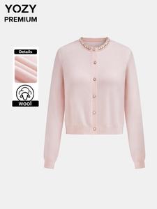 YOZY Women's Plain Faux Pearl & Rhinestone Decor Button Front Sweater Cardigan, Elegant Long Sleeve Round Neck Knitwear for Spring & Fall, Fashion Women's Knit Clothing for Daily Wear