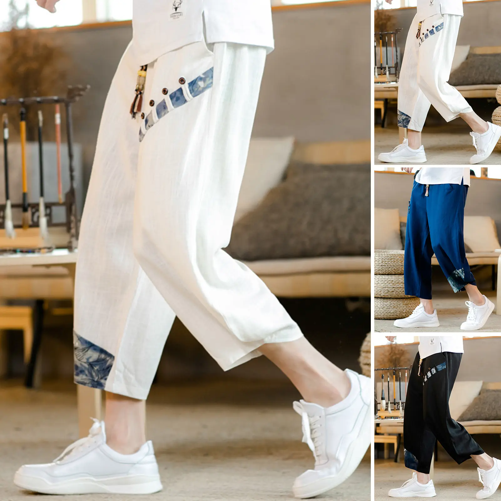 Mid-rise Elastic Waistband Drawstring Baggy Pants Pockets Thin Men Retro Print Harem Cropped Pants Daily Garment