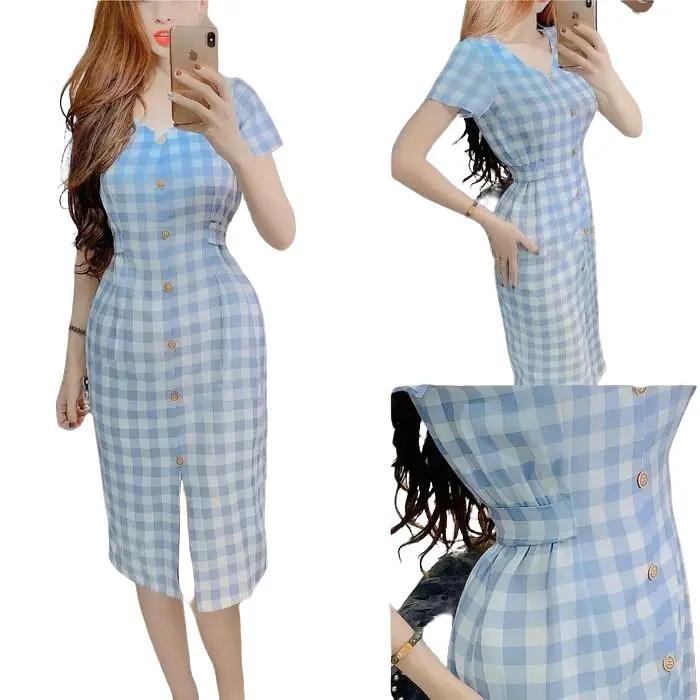 Đầm kẻ sọc cổ tim nút gỗ dây eo Nữ Dress Women Xanh đầmbody cổtàu áo tingoan