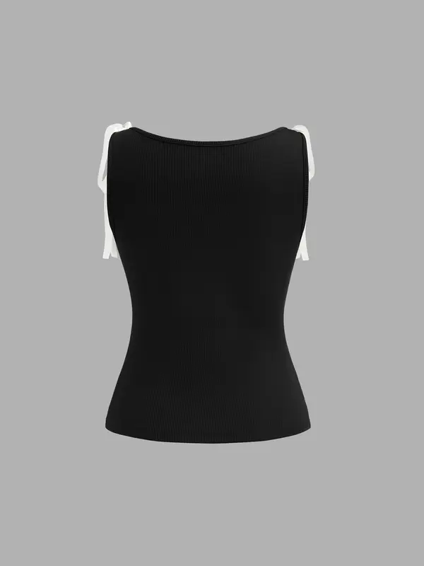 YOZY Women's Colorblock Tie Decor Ribbed Tank Top, Casual Sleeveless Top for Daily Wear, Ladies Clothes for All Seasons 1