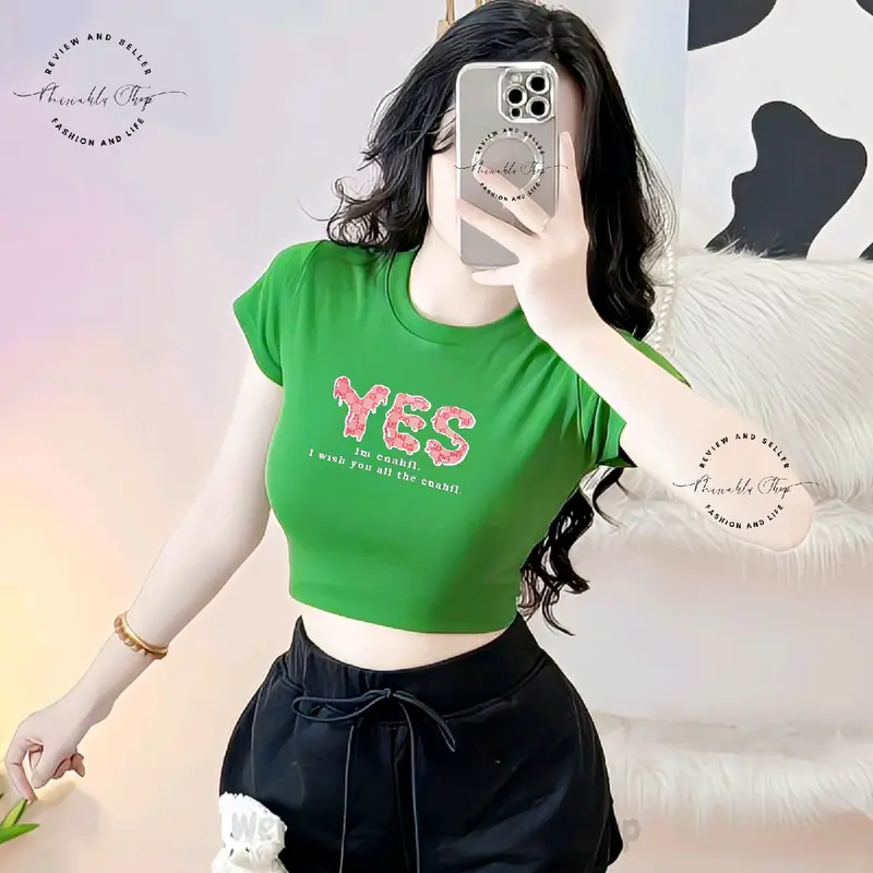 Áo Croptop Borip Ôm Body Nữ Form Basic Cổ Tròn Tay Ngắn In Chữ Yes, Women Thun Sen Sò Hoa Sen Trắng Kem Tre Tim Lịch Dáng Ngắn 0