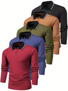 Men's Solid Color Contrast Trim Polo Shirt, Regular Fit Casual Long Sleeve Collared Top for Spring & Fall, Men's Clothes for Daily Wear
