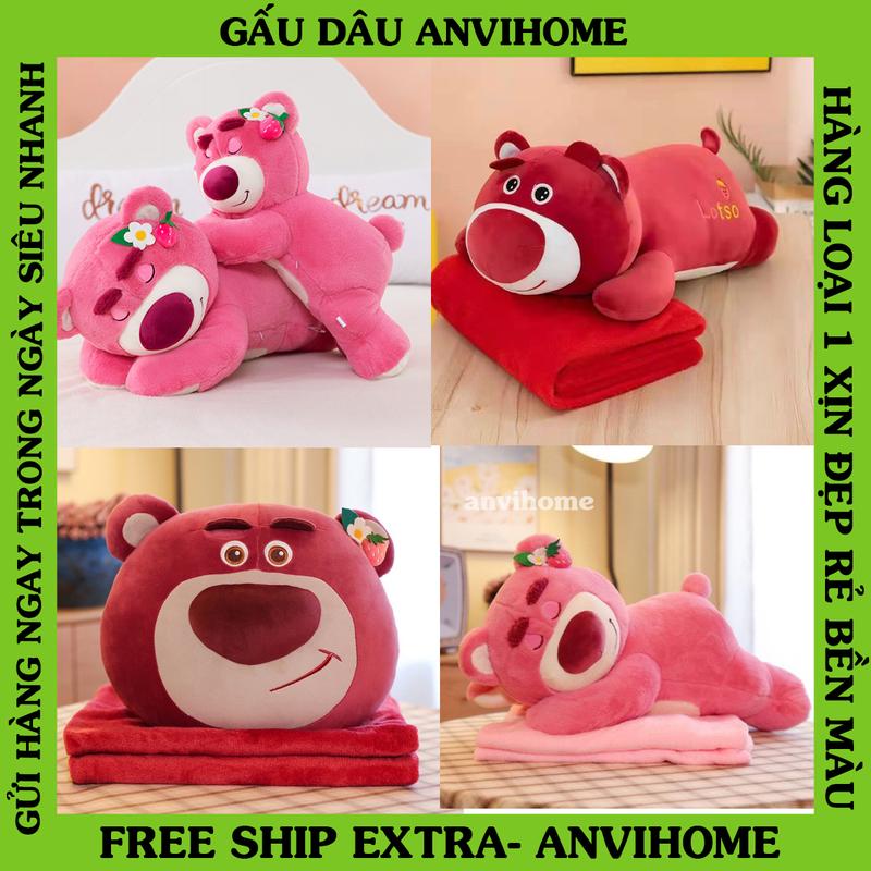 ANVIHOME Gấu Bông Gấu dâu Lotso kèm chăn Lông Xù Gấu Dâu Nằm, Ngồi, Bánh kem Lotso Tròn ngạc nhiên Cao Cấp kèm Chăn Vải Miniso Siêu Mềm Mịn Màu Sắc Nét Đẹp Chuẩn Hàng QC