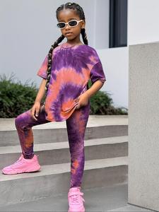 Girl's Tie Dye Print Tee & Elastic Waist Pants Two-piece Set, Casual Fashion Round Neck Short Sleeve T-shirt & Trousers for Daily Outdoor Wear, Kids Outfit for Summer