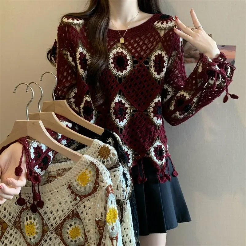 2025 Spring New French Style Crochet Hollow Knit Cardigan for Women Plus Size Tassel Top