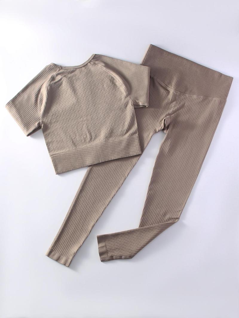 Product Introduction of Two-Piece Set Women's Solid Ribbed Long Sleeve Crop Top & Wide Waistband Leggings Tracksuit Set, Sporty Breathable Outfits Co-ord Chav Set, Soft Comfy Tracksuit for Summer 5