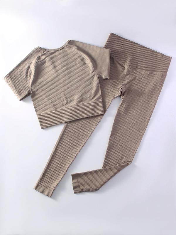 Two-Piece Set Women's Solid Ribbed Long Sleeve Crop Top & Wide Waistband Leggings Tracksuit Set, Sporty Breathable Outfits Co-ord Chav Set, Soft Comfy Tracksuit for Summer 4