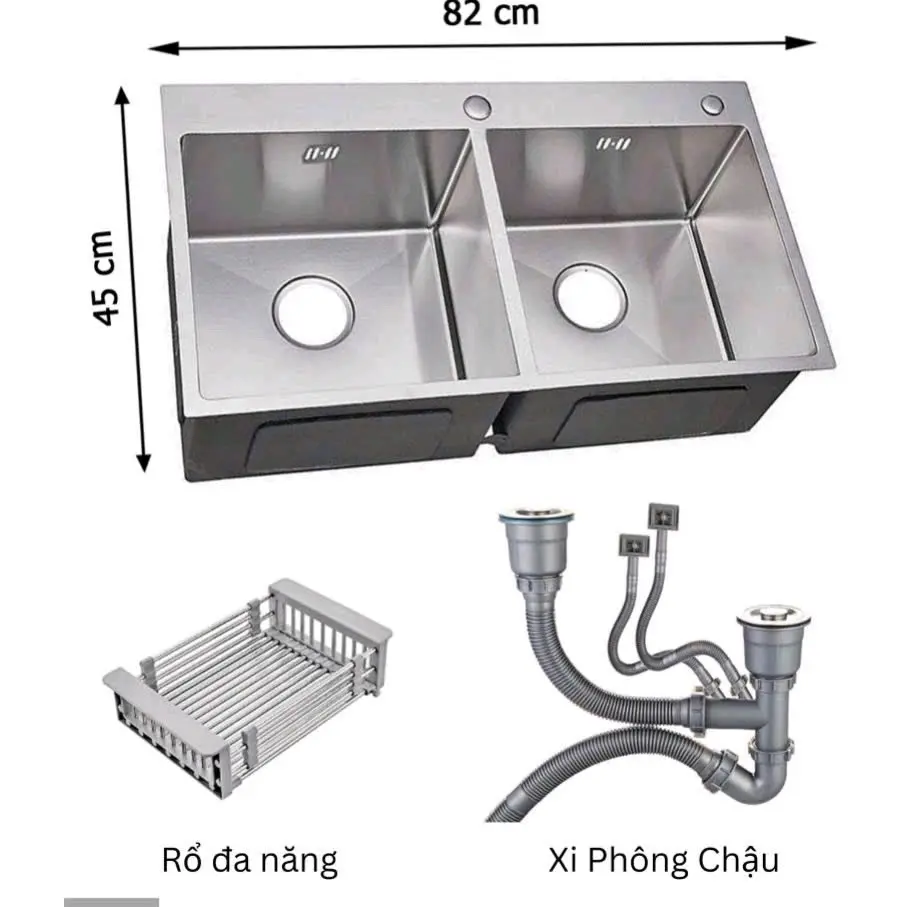 Chậu rửa chén 2 hộc kích thước 82*45 INOX 304 có bộ xả đầy đủ + Rổ đa năng.