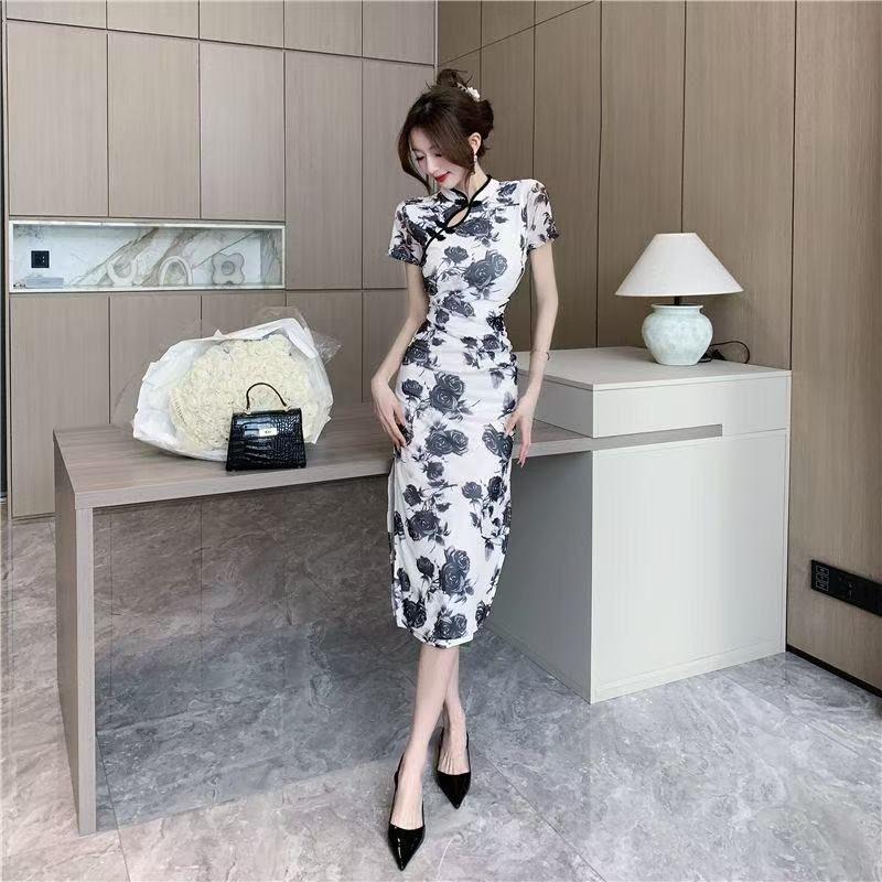 Product Introduction of Váy Cao Trên Đầu Gối, Phong Cách Trung Quốc Mùa Hè, Dáng Ôm, Xẻ Tà Thanh Lịch, Sườn Xám Sửa Đổi, Thường Ngày, Thanh Lịch Và Thời Trang 2