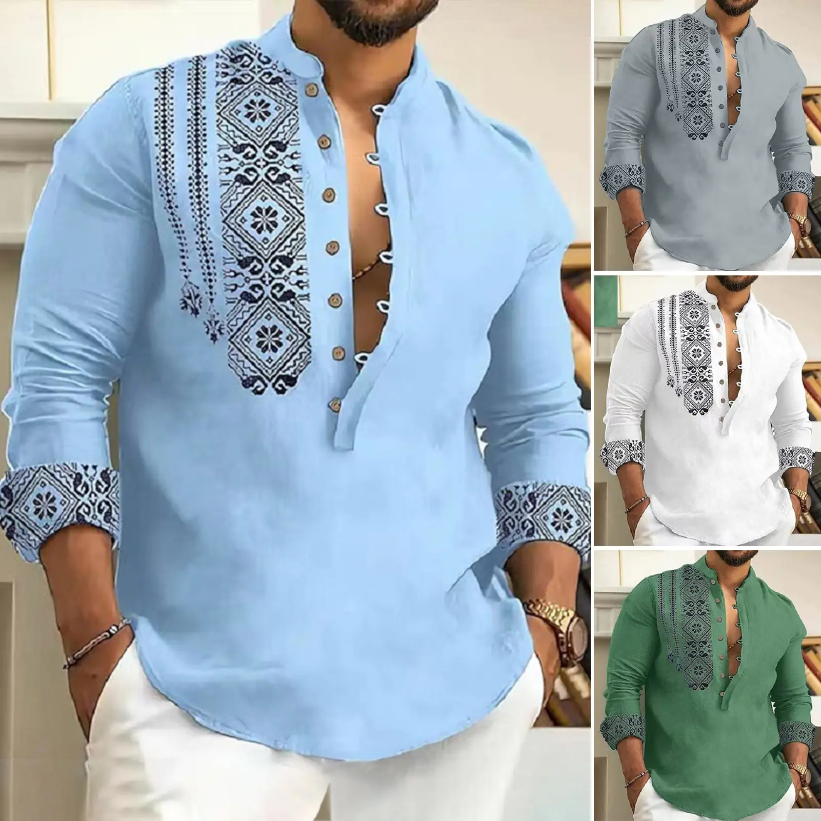 Men Fall Spring Shirt Long Sleeve Vintage Print Half Single-breasted Slim Fit Stand Collar Soft Breathable Ethnic Style Men Casual Office Top