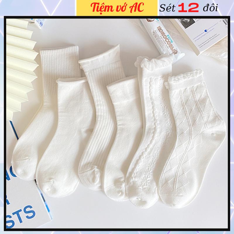 Vớ cổ cao FREESHIP Tất nữ sét 12 đôi -Tất cao cổ lolita màu trắng - T38 Cotton Denim