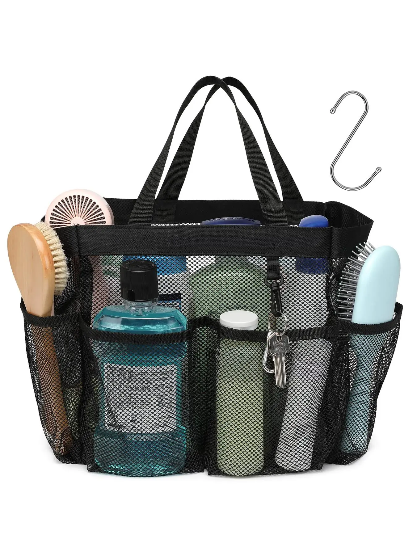 Mesh Shower Caddy Bag, Portable Toiletry Bag with S Hook, Tote Storage Bag for Home Bathroom Gym Camp