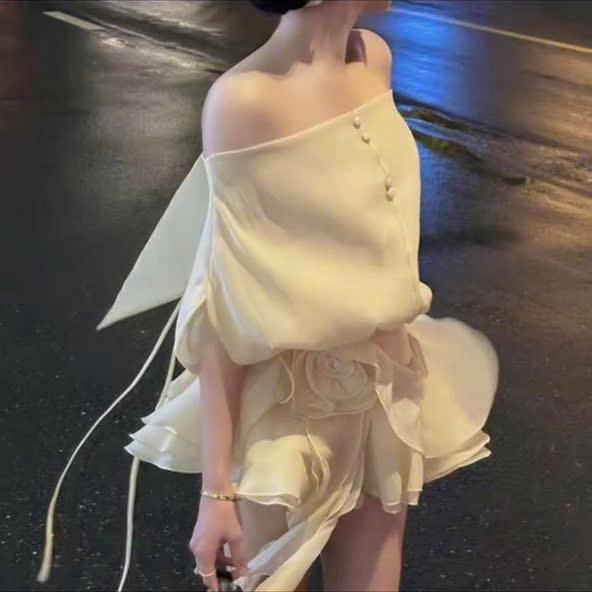 Váy trễ vai hở lưng chất voan lót 2 lớp đính hoa chân váy tua rua from dang tiểu thư, sang chảnh đi cà phê đi hen hò Mixiz House Nữ Women Dress Kem Đen Trắng Hồng Xanh Xám -DV07