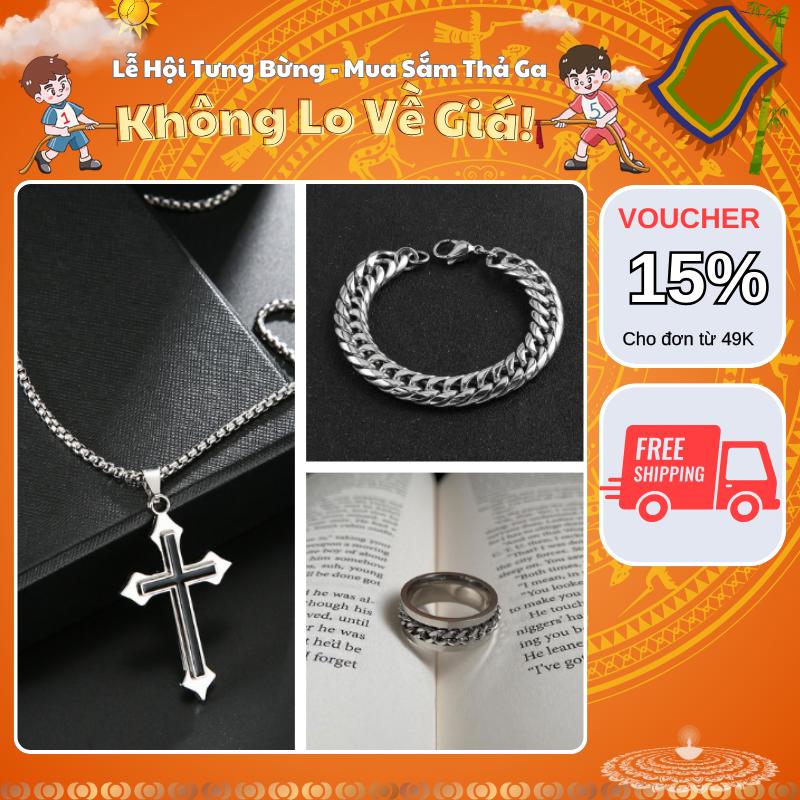 [Mua Là Thích, Không Thích Hoàn Tiền] Bộ 3 Vòng cổ chữ thập vòng tay Tin nhẫn Tin thời trang bạc titan không gỉ thiết kế Kuu Clothes - Vòng Cổ Chữ Thập + Vòng Tay Tin + Nhẫn Tin