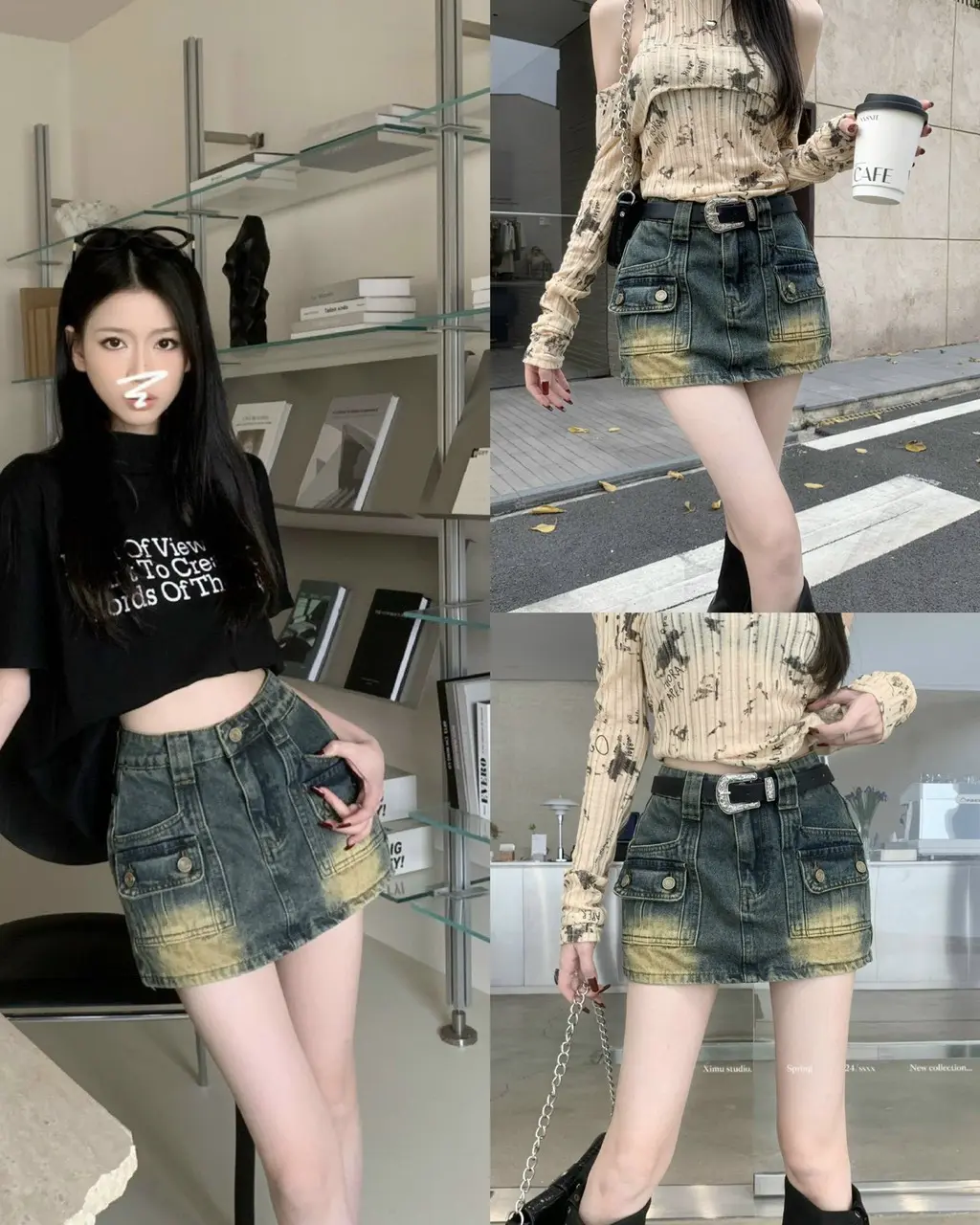 CHÂN VÁY JEANS NỮ CHỮ A HAI TÚI TRƯỚC MÀU VÀNG BỤI HACK DÁNG CẠP CAO HOTTREND 2025
